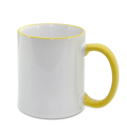 Кружка керамическая белая, желтые  ободок и ручка, субл.печать, Ø82 мм х 95 мм, 330 мл